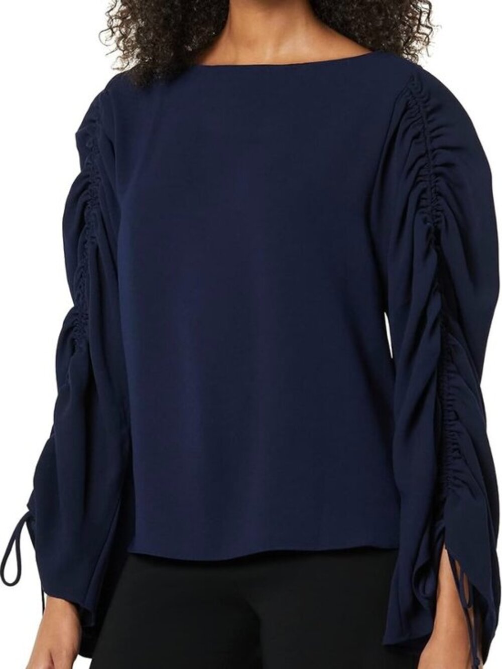 Trina Turk Ruched Puff Shoulder Long Sleeve Blouse Navy Blue Size S